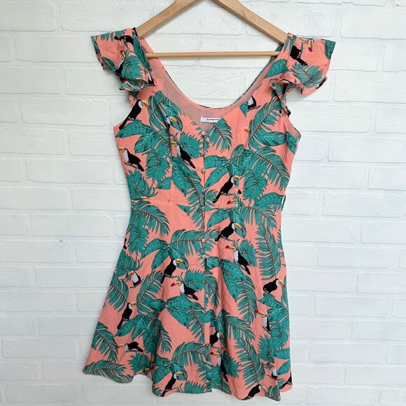 Glamorous Women's Peach Tropical Toucan Flutter Sleeve Fitted Dress -sz 12 - Picture 1 of 5